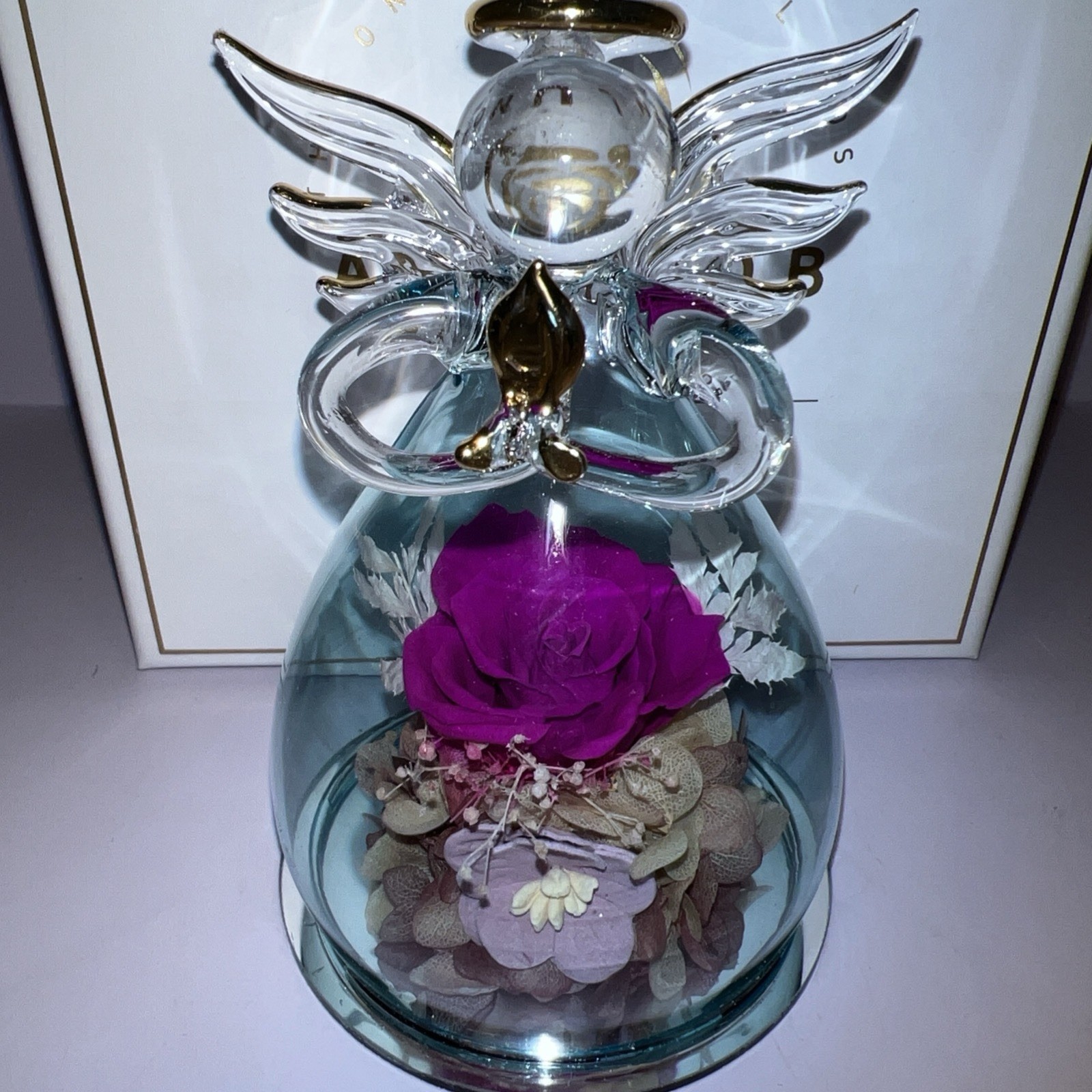 Alunob The Only Eternal Rose Last Forever Angel Blown Glass blue Gift open box