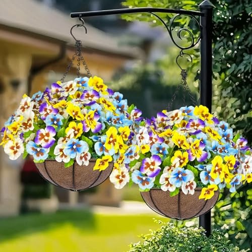 Pansies Fake Hanging Plants Pansy Flowers & Basket for Outdoor Outside