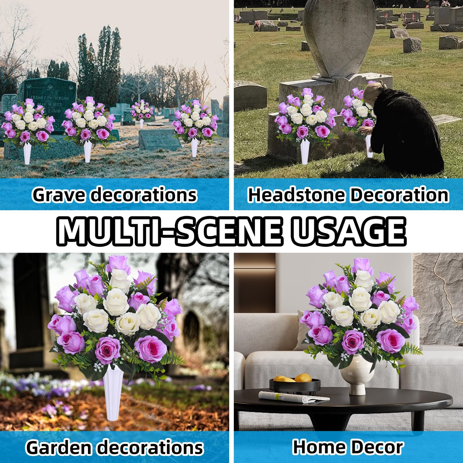 Set of 2 Artificial Cemetery Flowers with Vase,Grave Memorial Flowers,Artific…