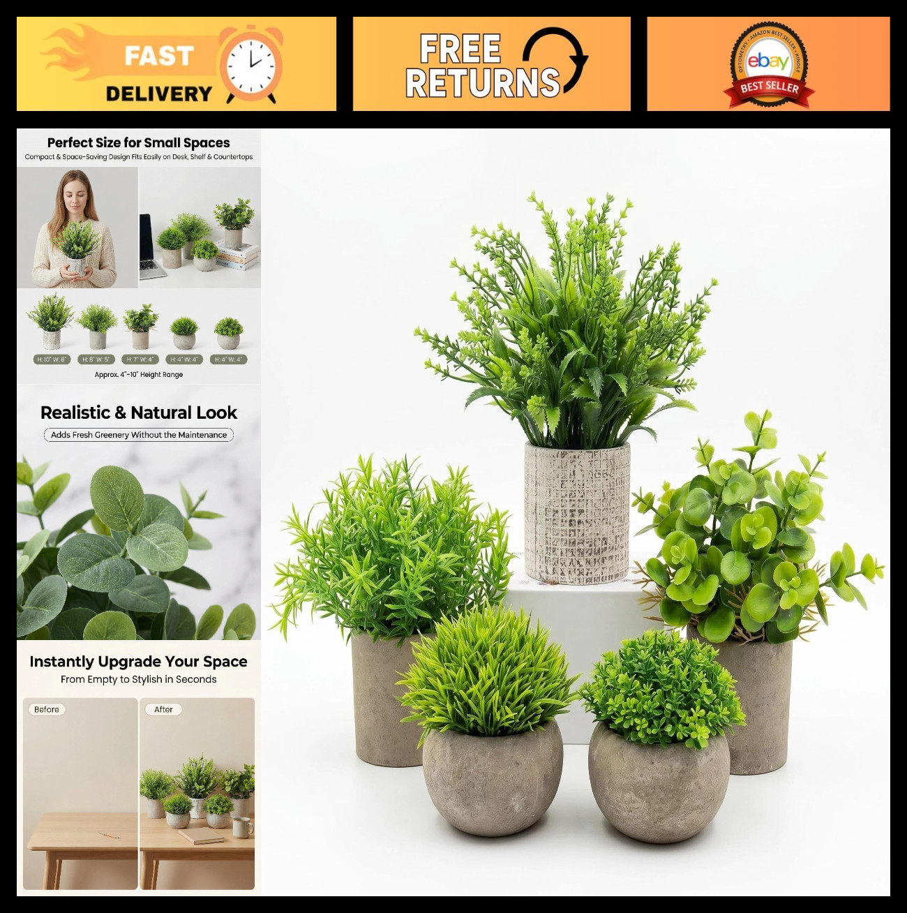 Mini Fake Potted Plants for Desk & Bathroom Decor, Realistic Indoor Greenery