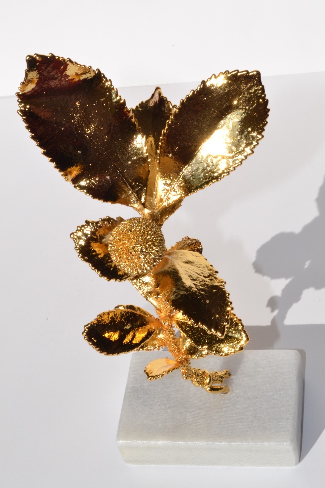 Decorative Real Natural Arbutus Unedo Handmade 24kt Gold Plated on Marble Base