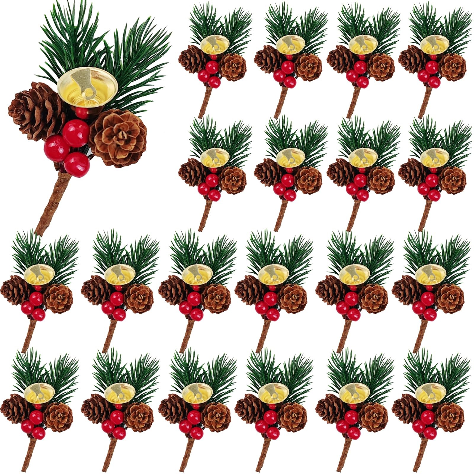 25PCS Christmas Floral Pick with Jingle Bell, Pine Cone Holly Berry Stems for…