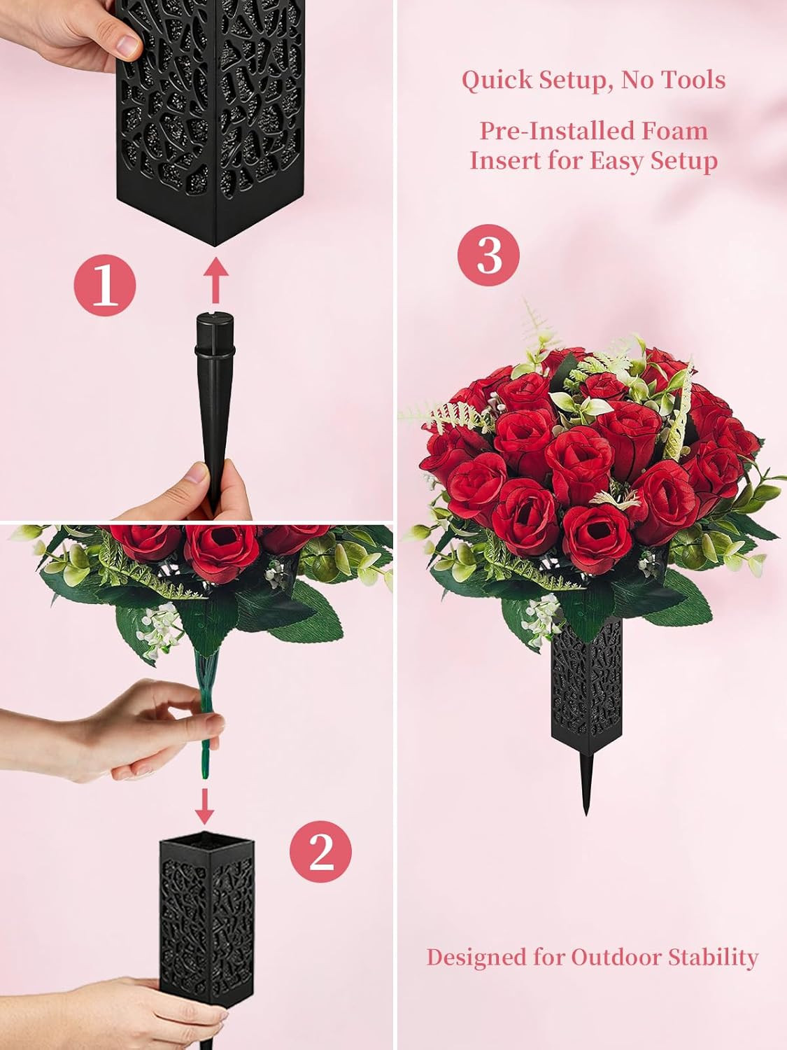 2 Pack Cemetery Flowers for Grave with Spiked Vases, 18-Stem Red Artificial Rose