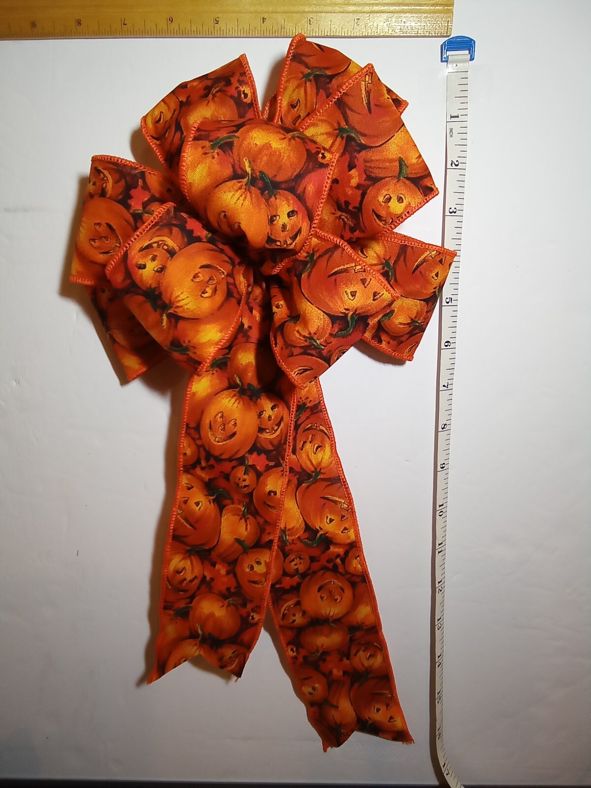 FALL HALLOWEEN BOW Pumpkins JOL faces hand tied 8-1/2″ size 9 loops wreath dec.
