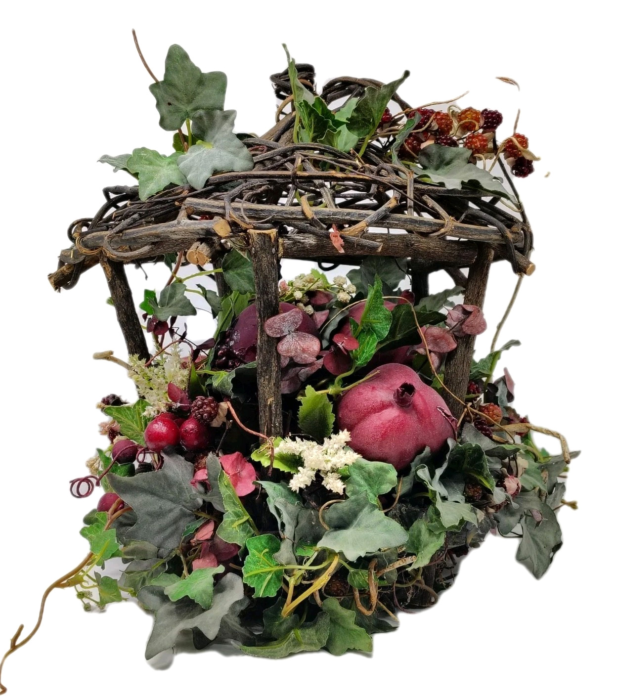 Hanging Wicker Twig Basket Faux Vine Berry Floral Arrangement Gazebo Bird Cage