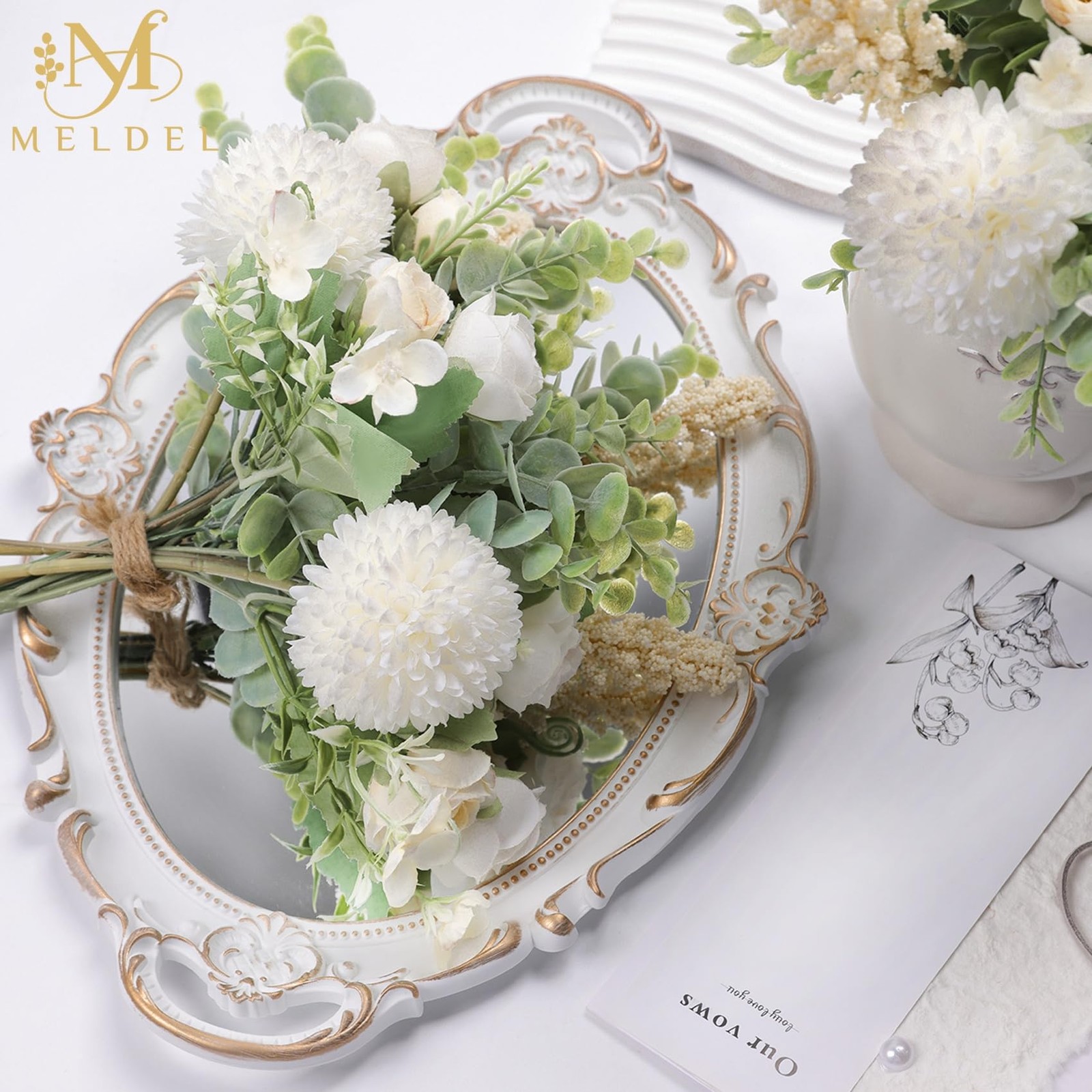 3Pcs Rose Bouquet White&Champagne Artificial Flowers Eucalyptus Plants Silk F…