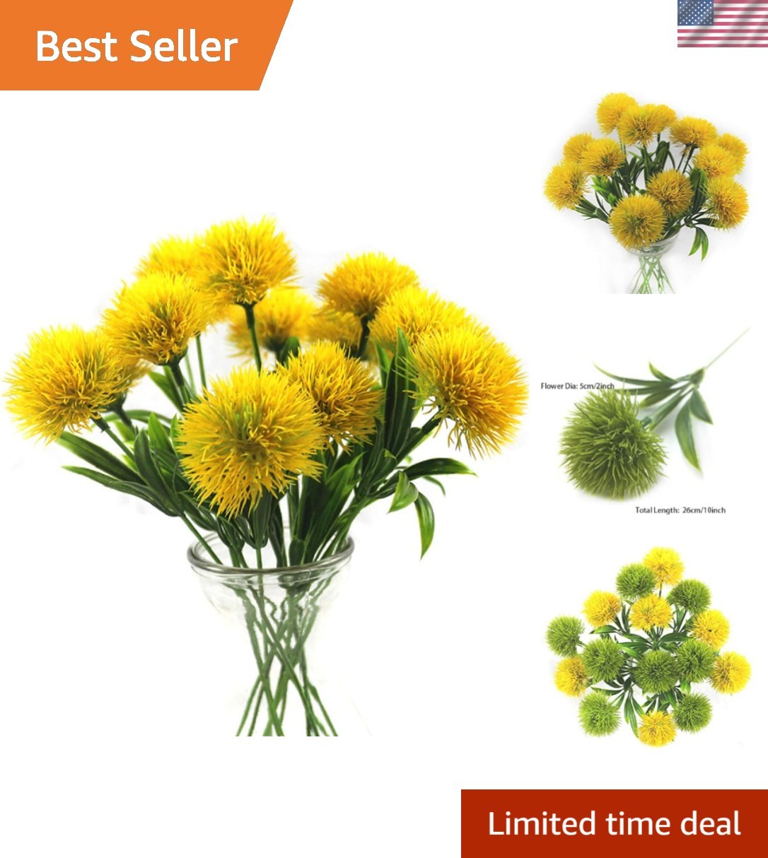 Low Maintenance 10 Pcs Yellow Dandelion Artificial Flowers for -Round Beauty