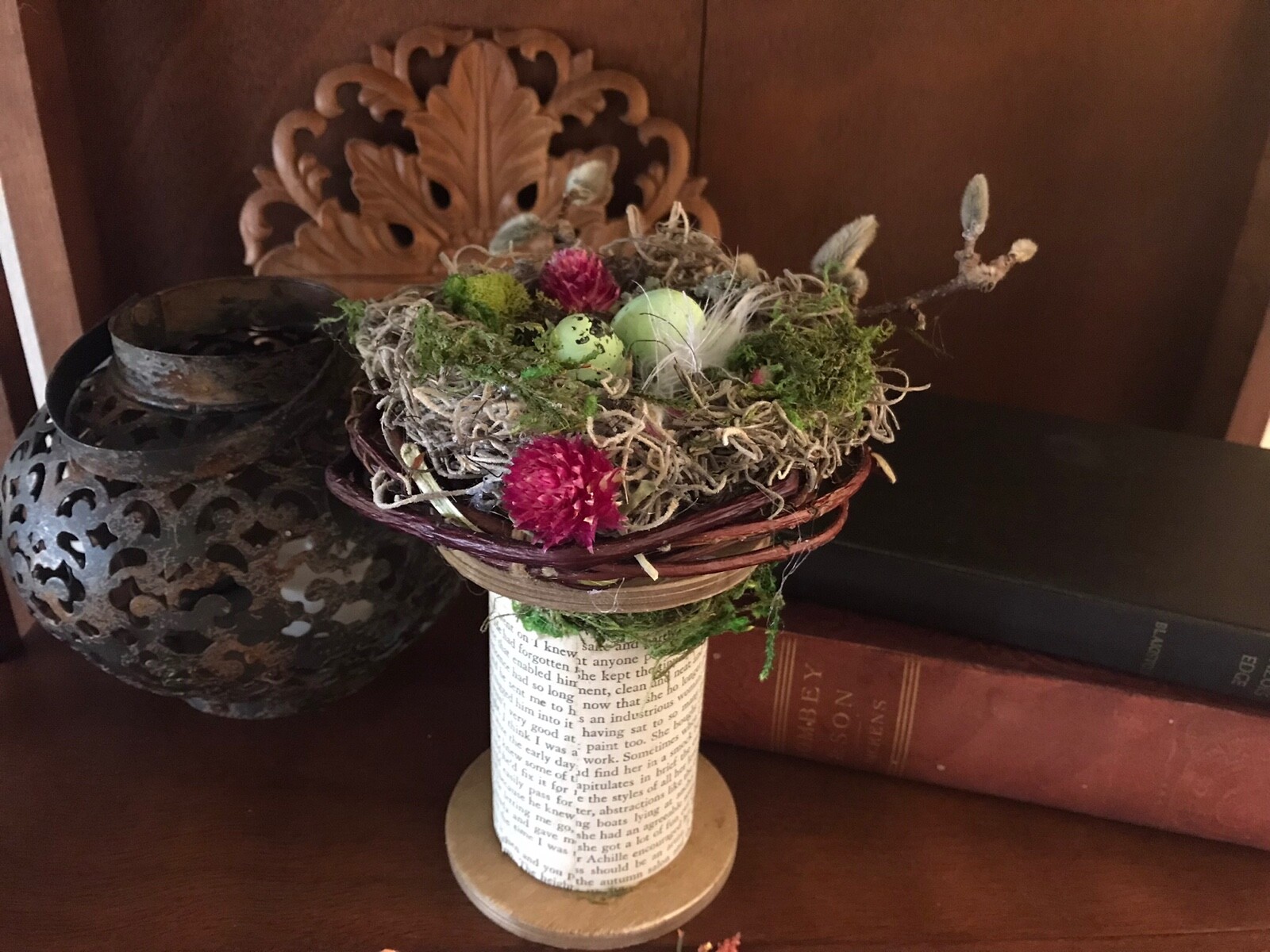 Birds nest on pedestal|Spring decor|natural & faux elements|5 1/2”