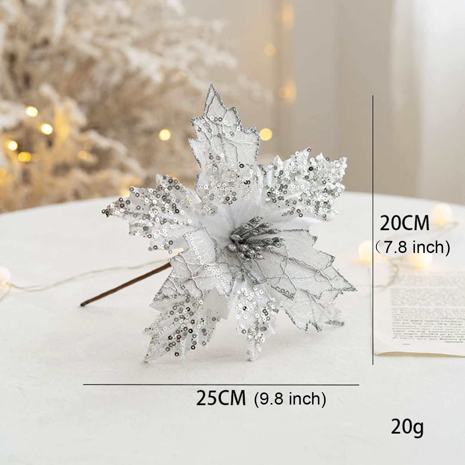6 PCS Christmas Poinsettia Ornaments Picks Artificial Silk Flower Silver 7.8