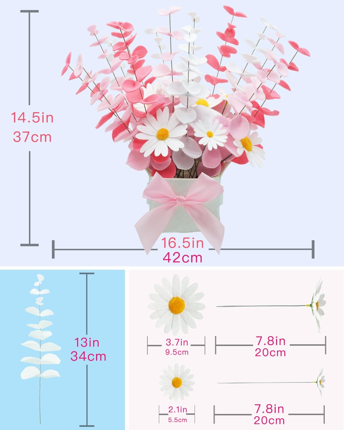 BAZIMA Felt Eucalyptus Daisy Bouquet,Felt Flowers,Multi-Color Felt Leaves,DIY…