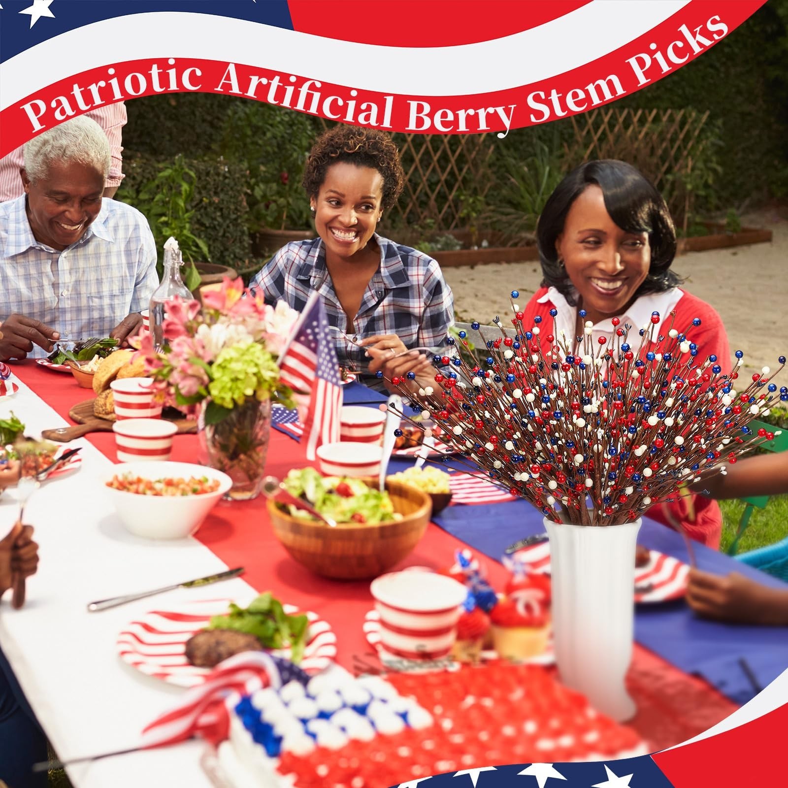 20 Pcs Patriotic Berry Stem Picks – Red White Blue Floral Decor for 4th of July