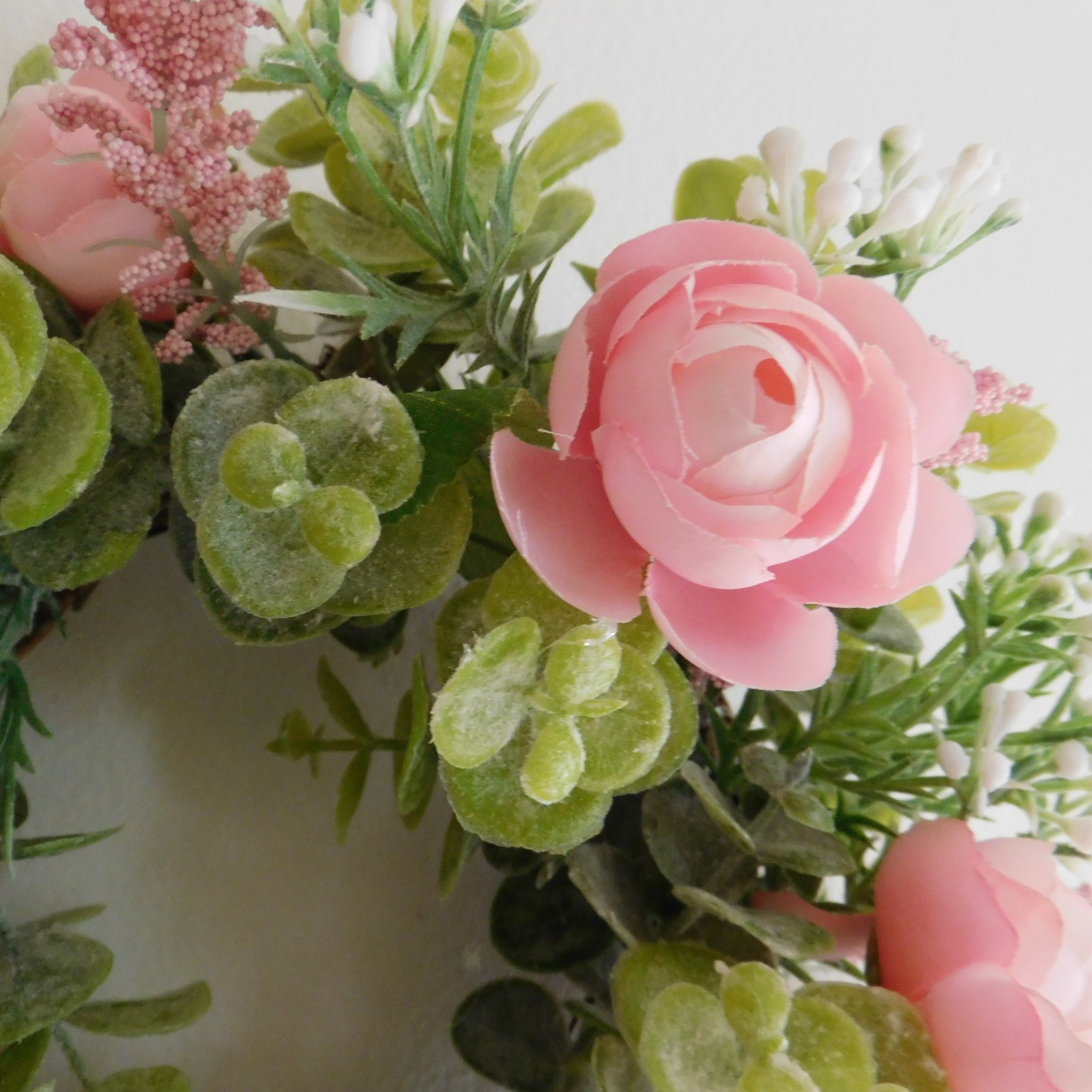 Dusty Miller Mini Wreath, Eucalyptus, Pink Flowers, Candle Ring