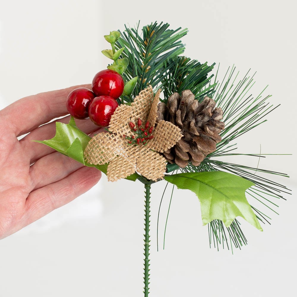 Pack of 6 Burlap Poinsettia, Pinecone and Berry 8-1/2″ Floral Picks