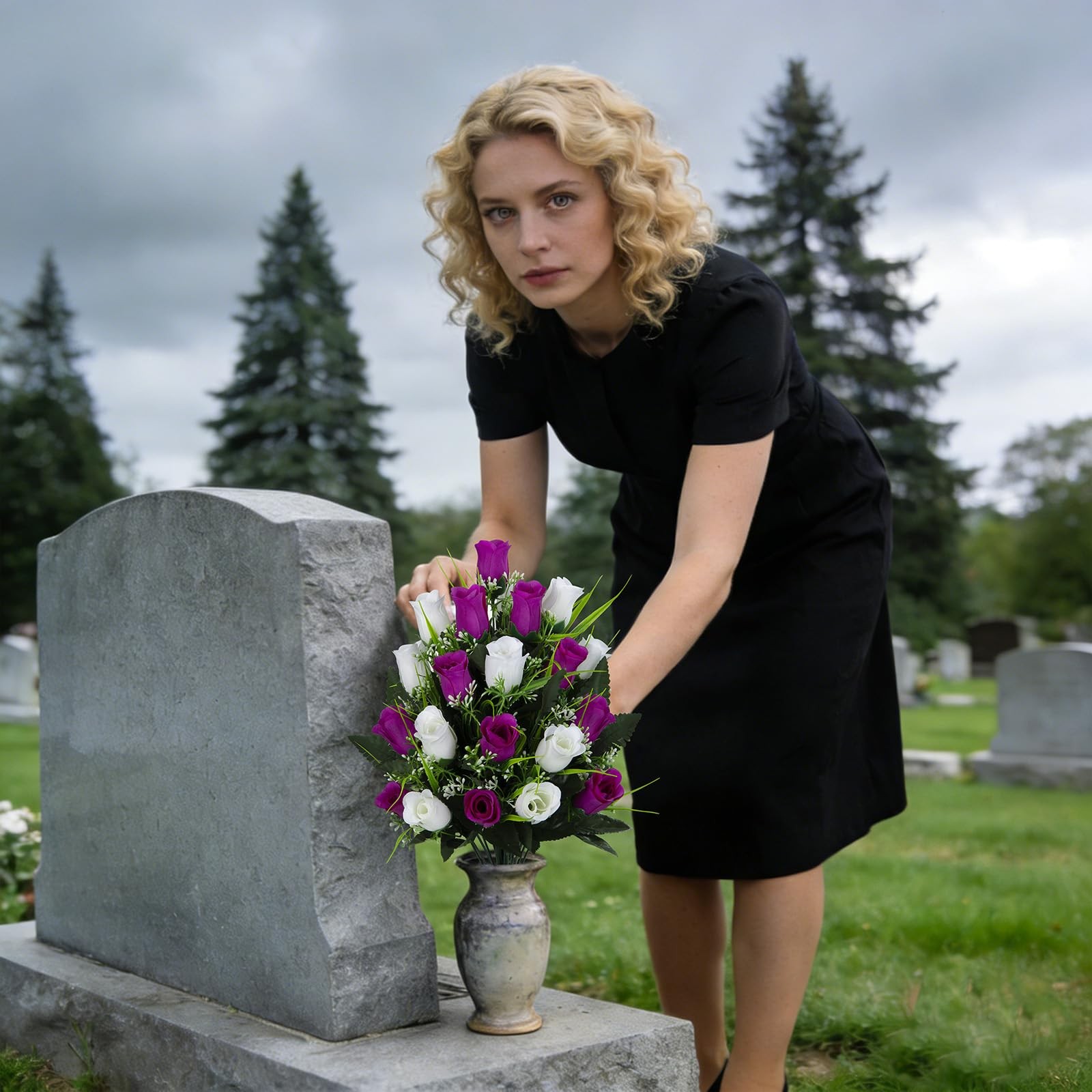 2 Sets Artificial Cemetery Flowers, Grave Decorations Roses, Memorial Flowers…