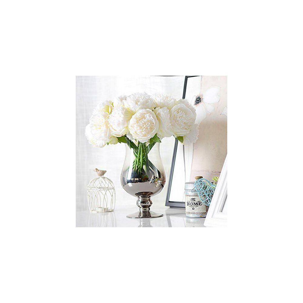 2-Bouquet 10-Heads White Artificial Peony Silk Flower and Leaf Home Office with