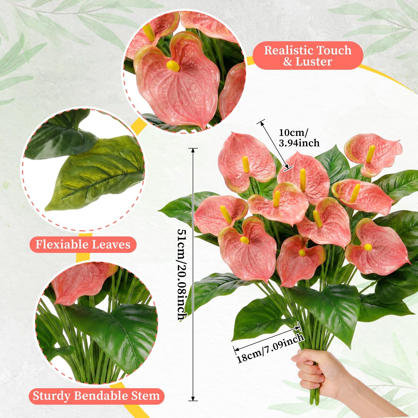 2 PCS Pink Artificial Anthurium Flowers 20 Inch Fake Bouquet Wedding Table