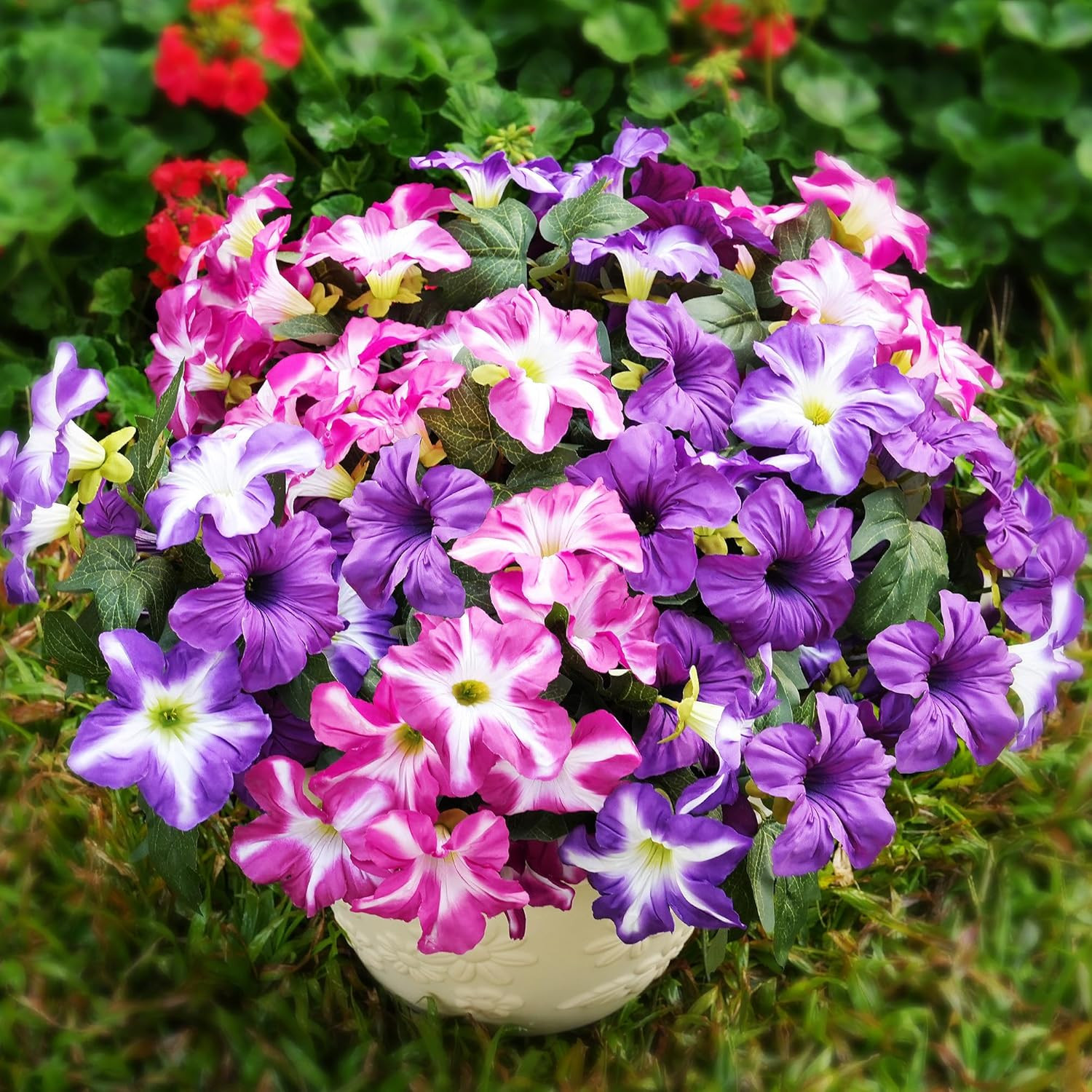 Artificial Fake Flowers Plants for Outdoor Decoration, 4PCS Faux Petunias Silk F