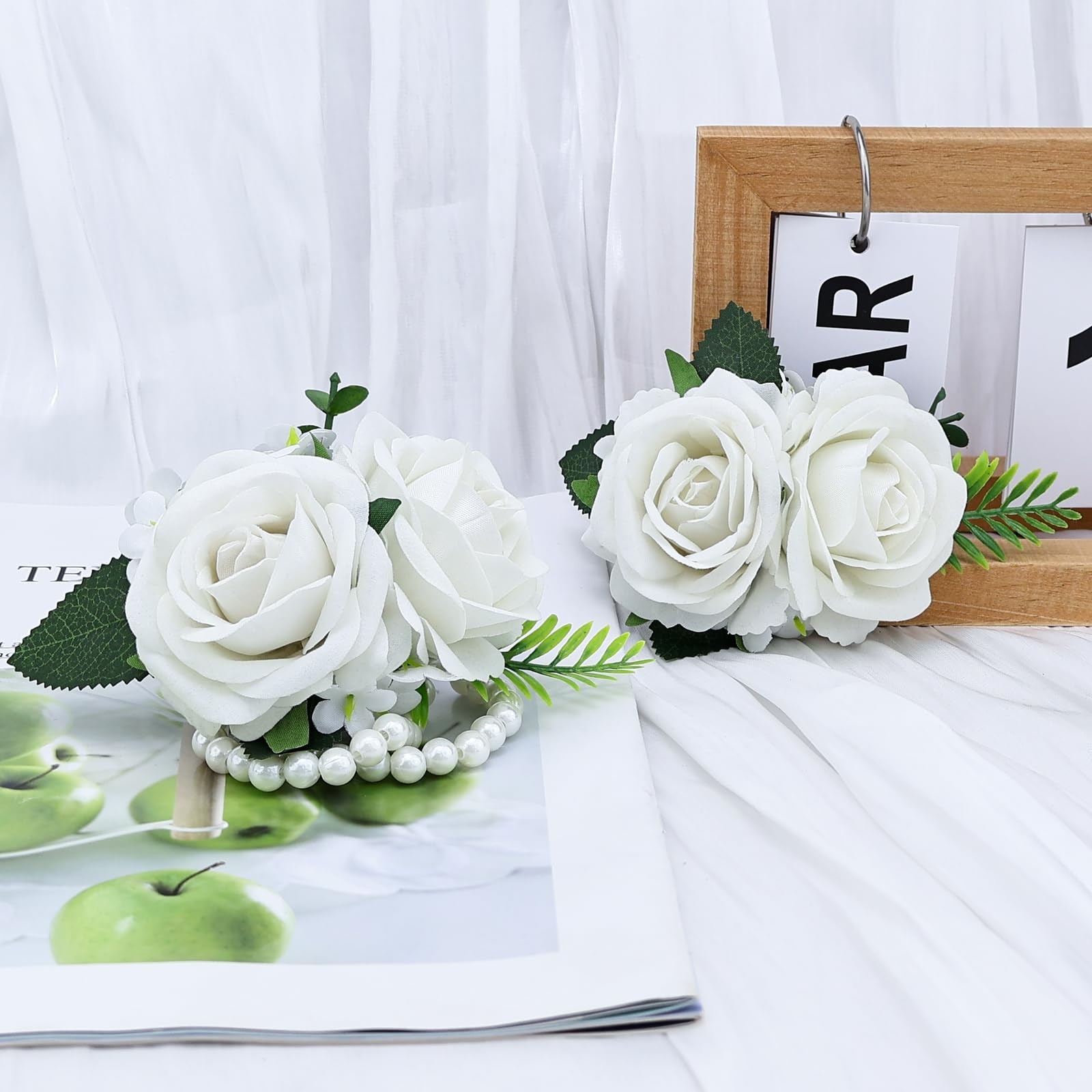 2Pcs White Artificial Rose Wrist Corsage Wristlet Band and Boutonniere Set, f…