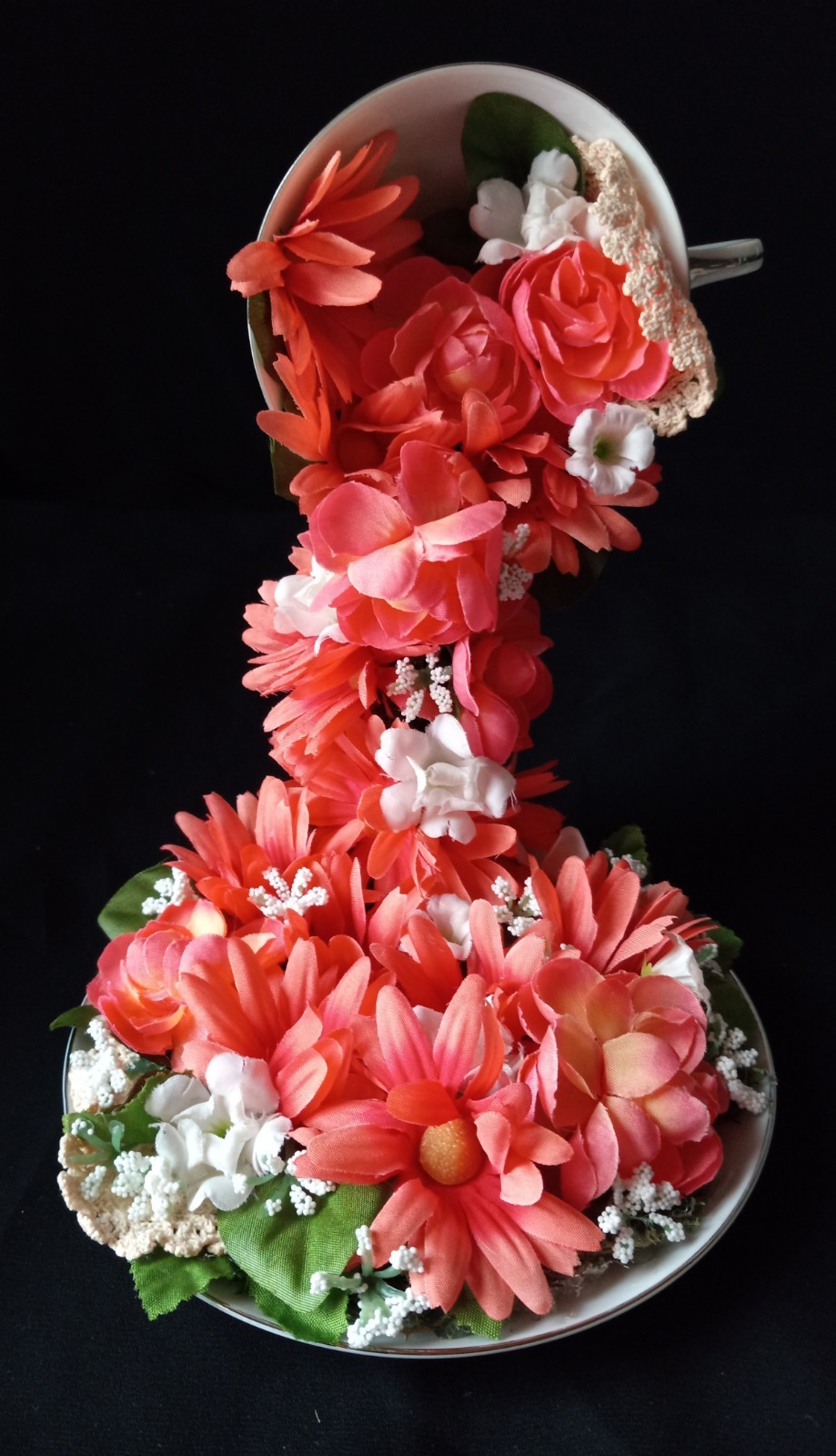 New Floral China Floating Teacup W Coral Floral Arrangement 8″ Tall #L. FL#2