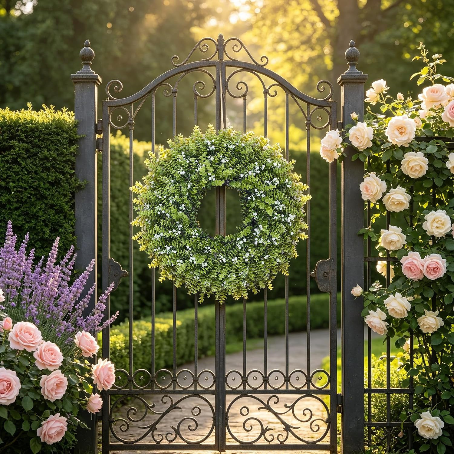 28” Large Artificial Eucalyptus Wreath with Baby’S Breath for Front Door-Faux E