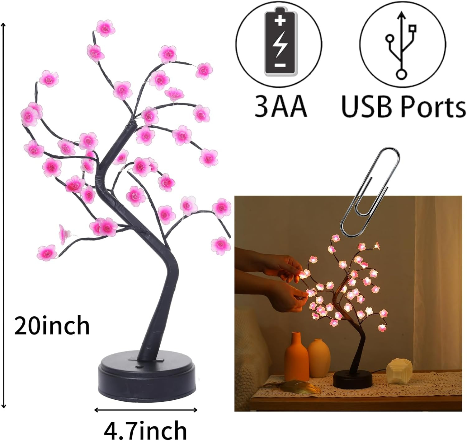 2 Cherry Blossom Bonsai Tree Lights, 36 LED Tree Lights, Japanese Style Decorati