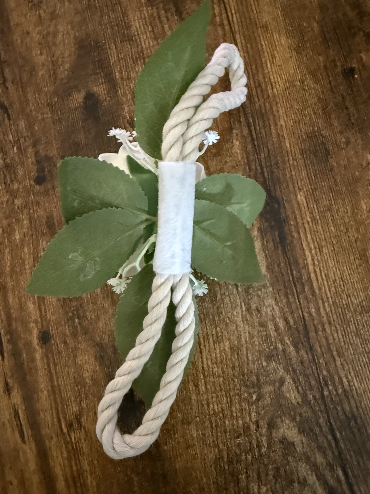 White & Green Artificial Rose Floral Curtain Tieback with Rope Loop