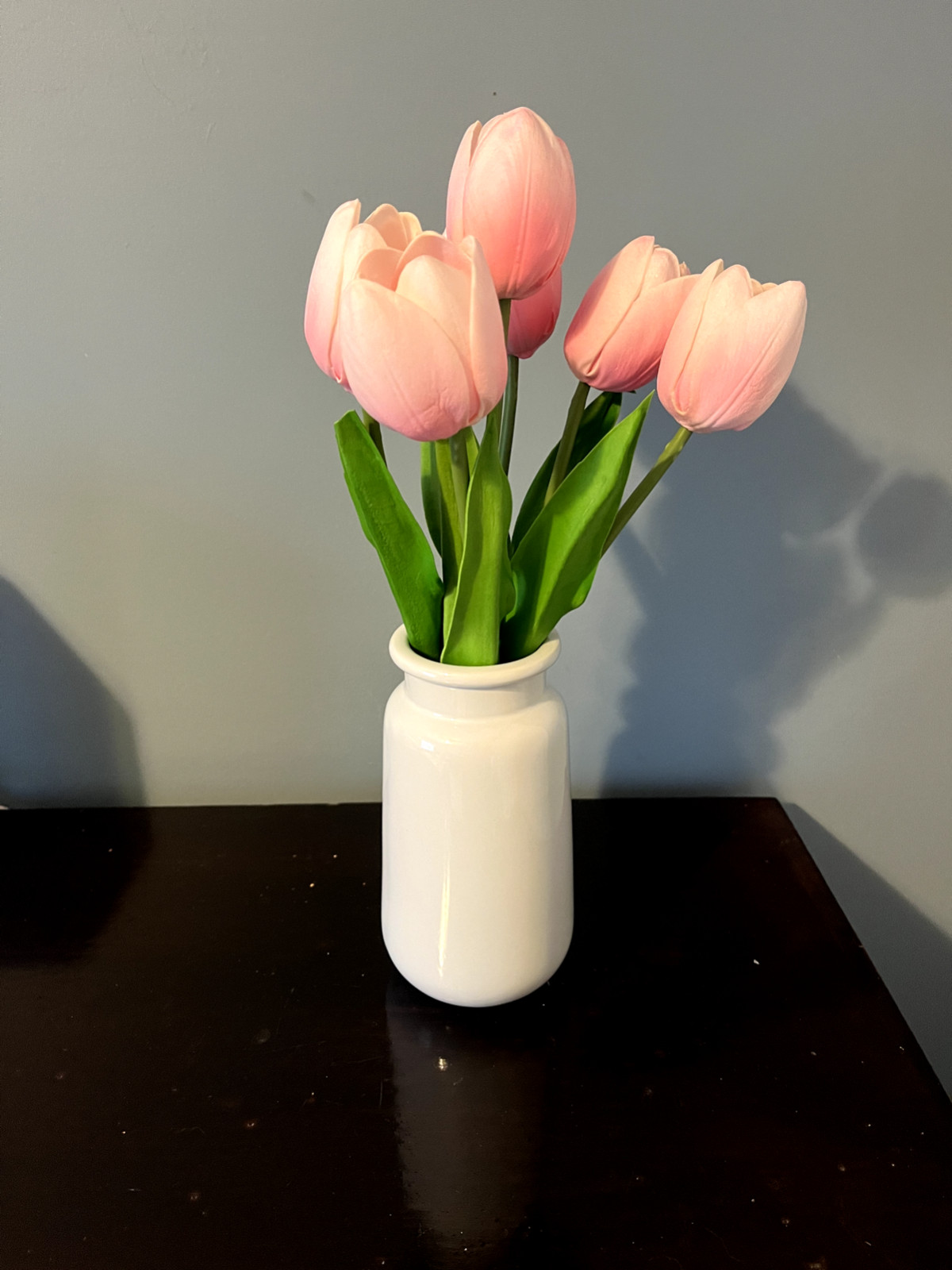 Artificial Pink Tulips Arrangement in White 7″ Vase, Set of 2, 14.5″ Tall NEW