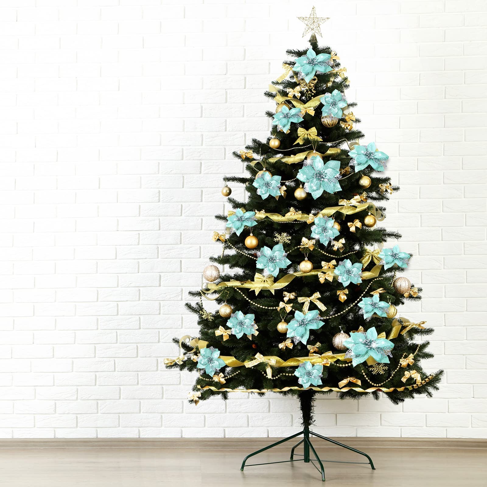 Mint Green Christmas Artificial Glitter Poinsettia Flowers 72 PCS 3 Sizes