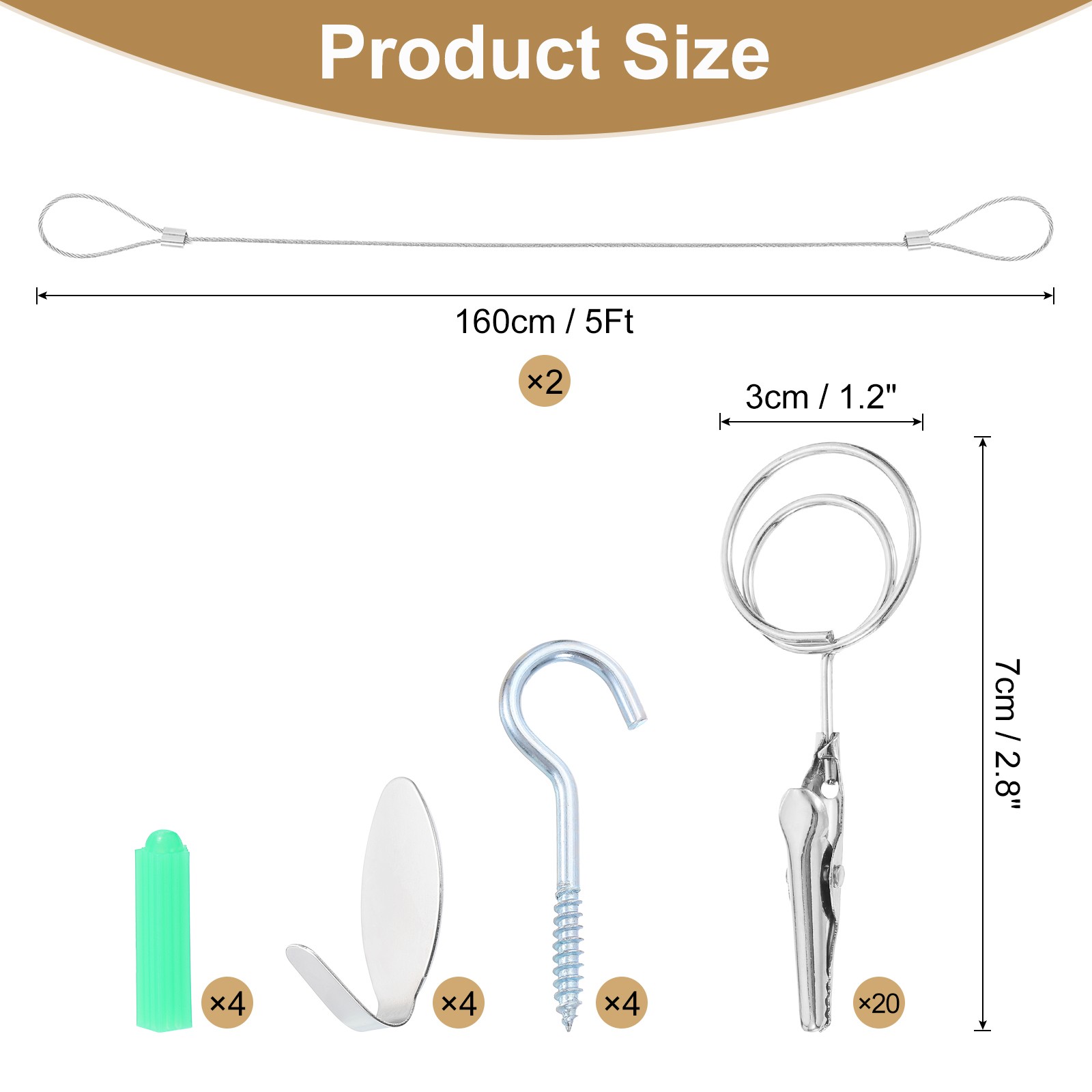 2pcs Wall Hanging Photo Display Cable Wire Rod with 20 Round Clips, Silver,5Ft