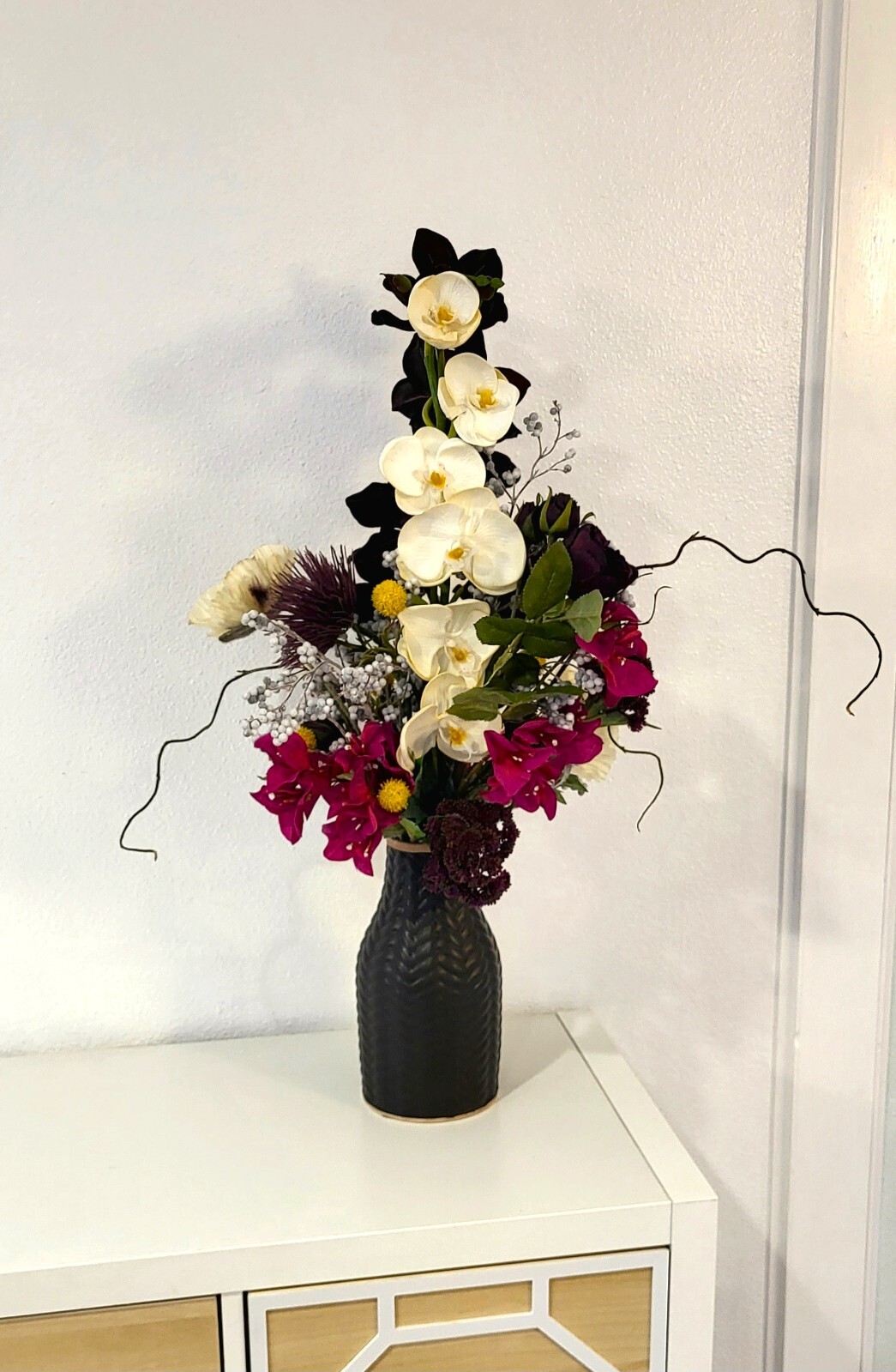 “Moody Darks” Faux Floral Arrangement with White and Dark Purple Orchids