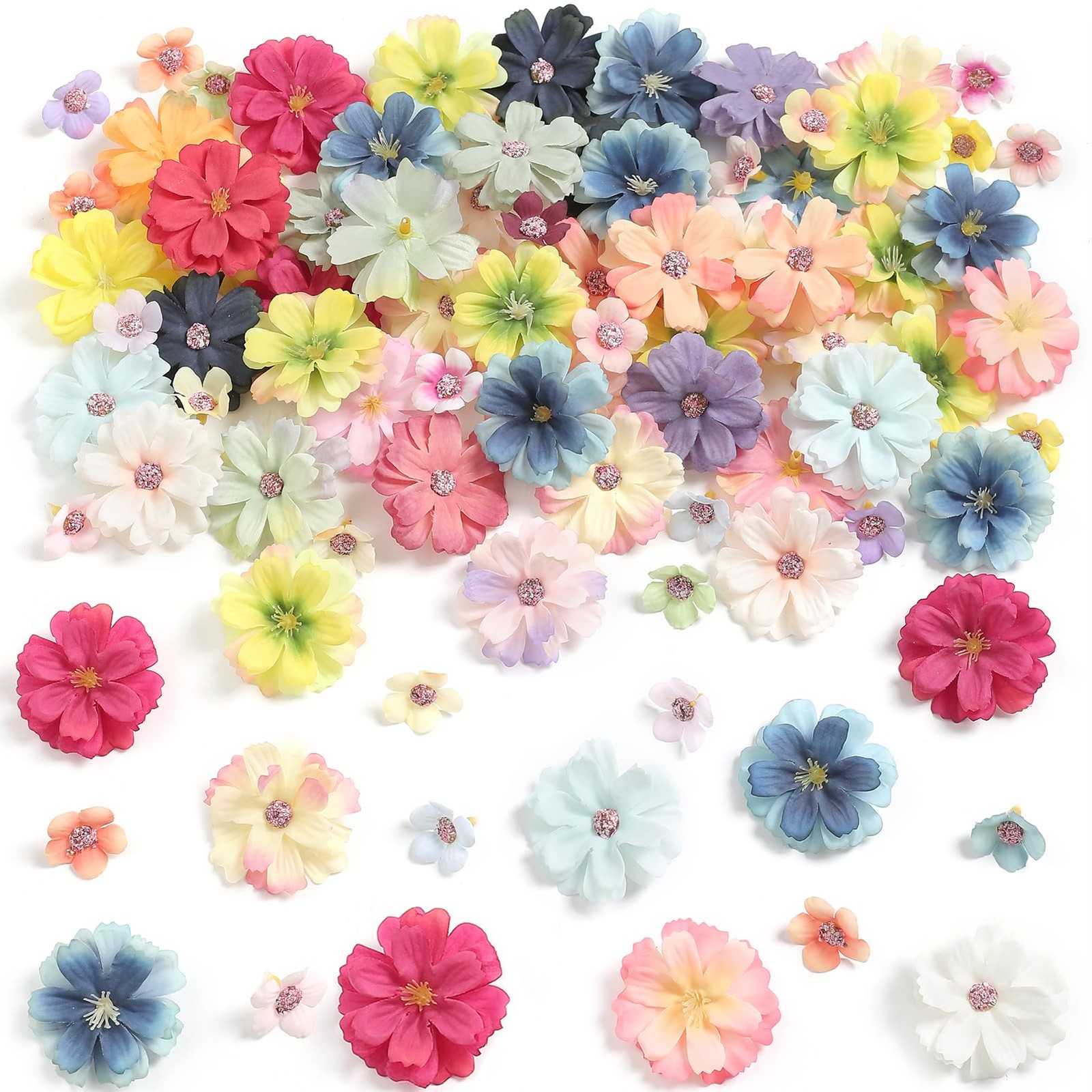 90 PCS Mini Artificial Silk Flower Heads Multicolor Peony Daisy Rose Decor