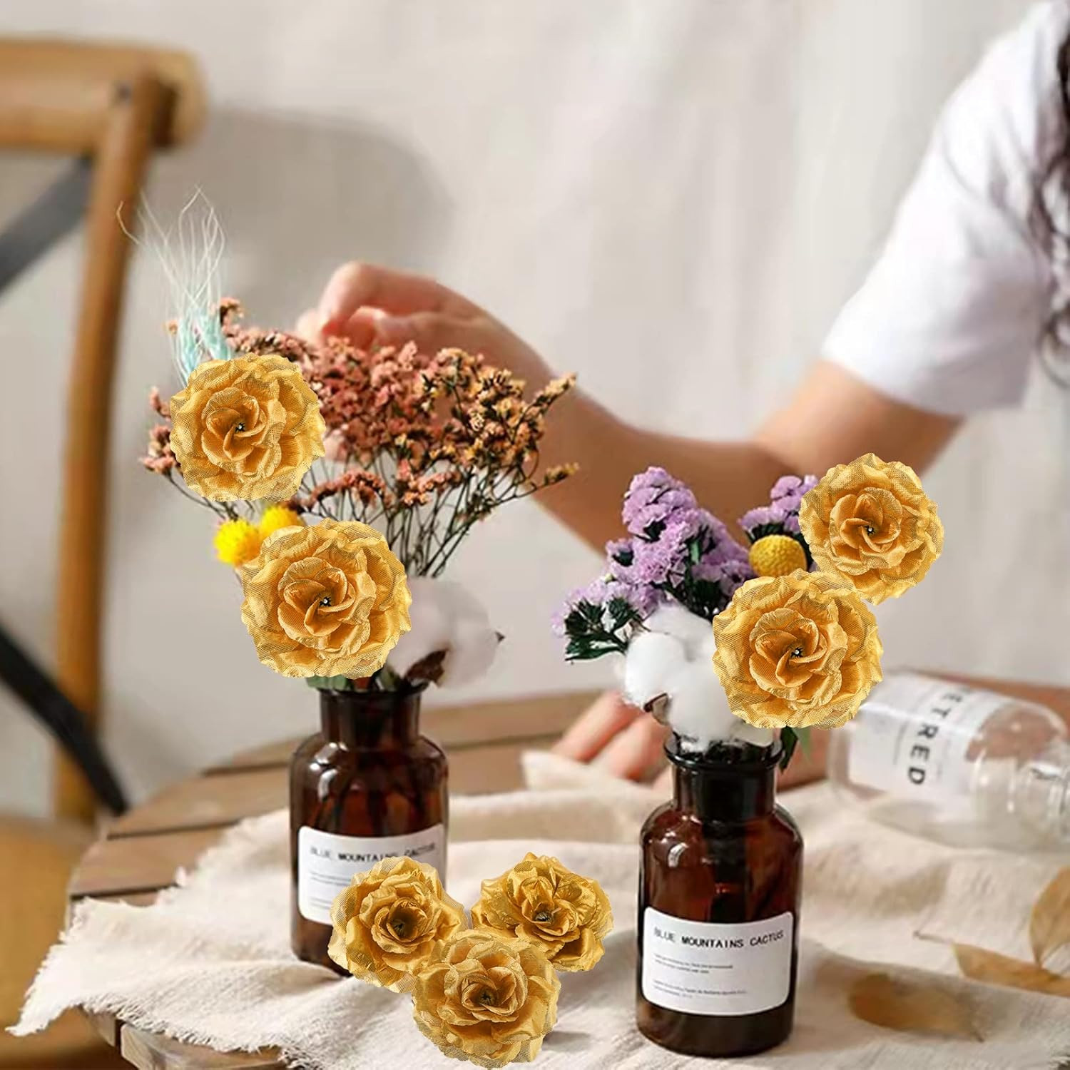 100 Pack Gold Roses Artificial Flowers Bulk, 3.5 Inch Silk Gold Faux Flowers