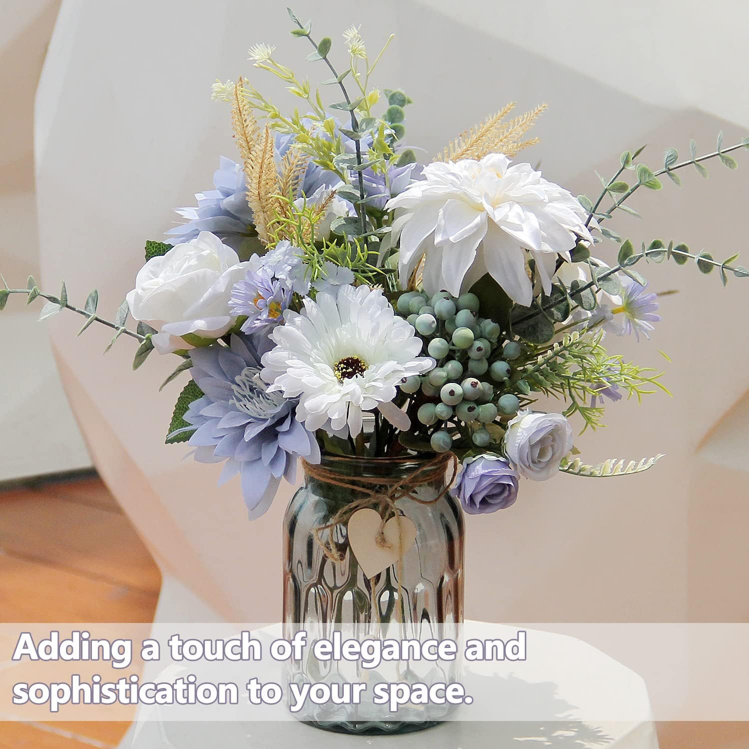 Fake Flowers with Vase, Silk Dusty Blue Rose Hydrangea Artificial Flowers in Vas