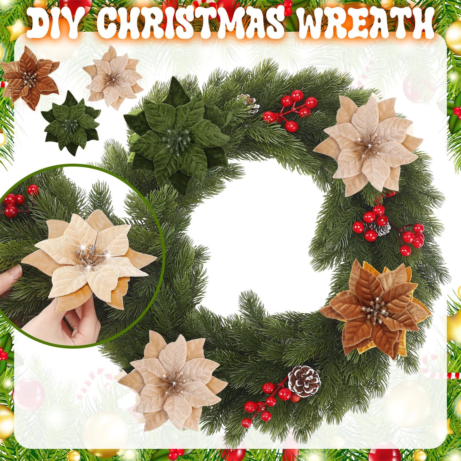 12 Pcs Artificial Neutral Christmas Poinsettia Flower 5.9 Inch Velvet