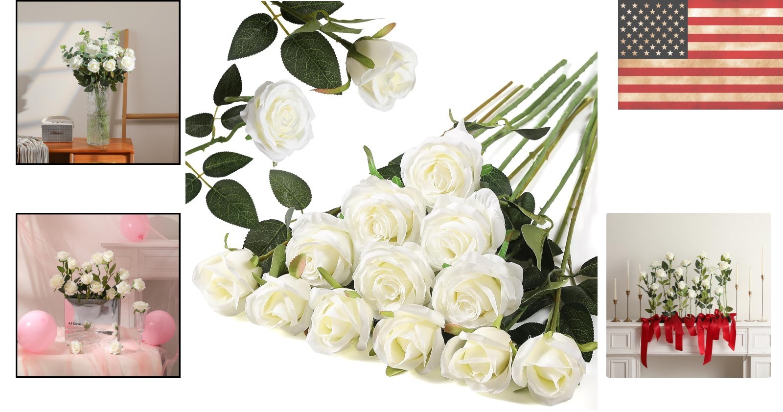 12PCS Long Stem Artificial Silk Roses Bouquet – Realistic Wedding Decor, White