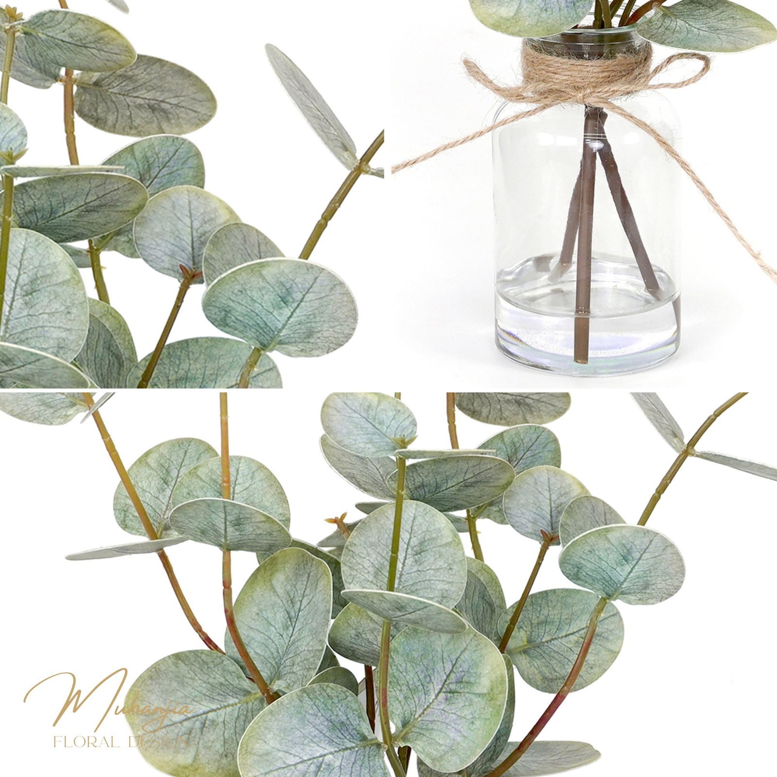 Artificial Eucalyptus Stems in Glass Vase with Faux Water,3Pcs Fake Plant wit…
