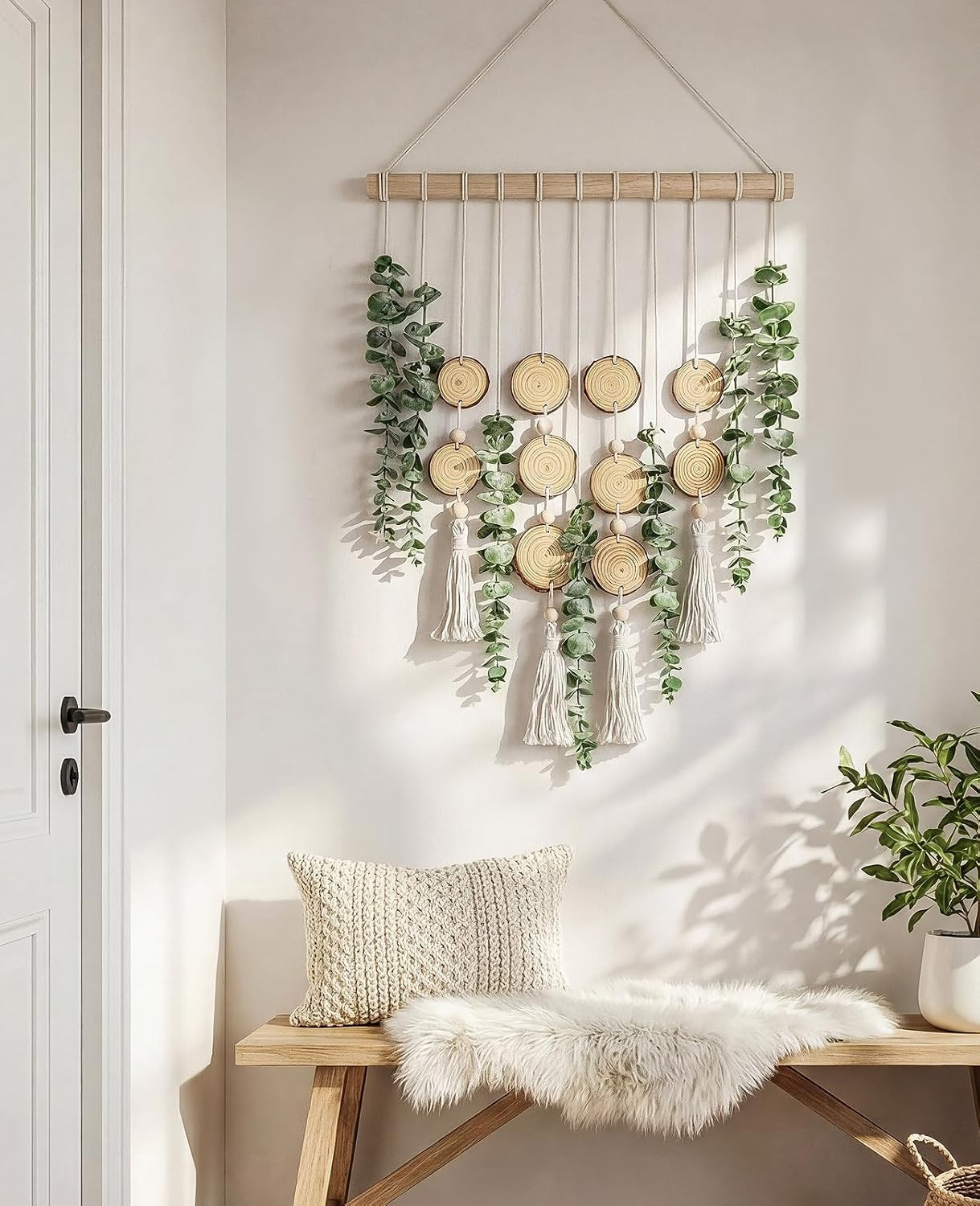 Artificial Eucalyptus Wall Hanging, Fake Greenery Leaves Stems with Wood Slices
