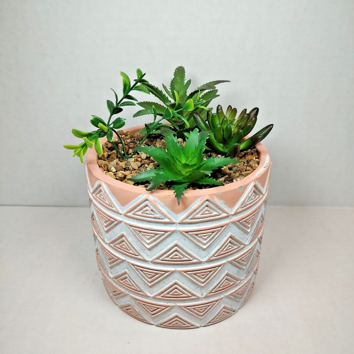 Modern Coastal Geometric Tribal Pattern Planter Pot w/ Faux Succulent Mix Peach