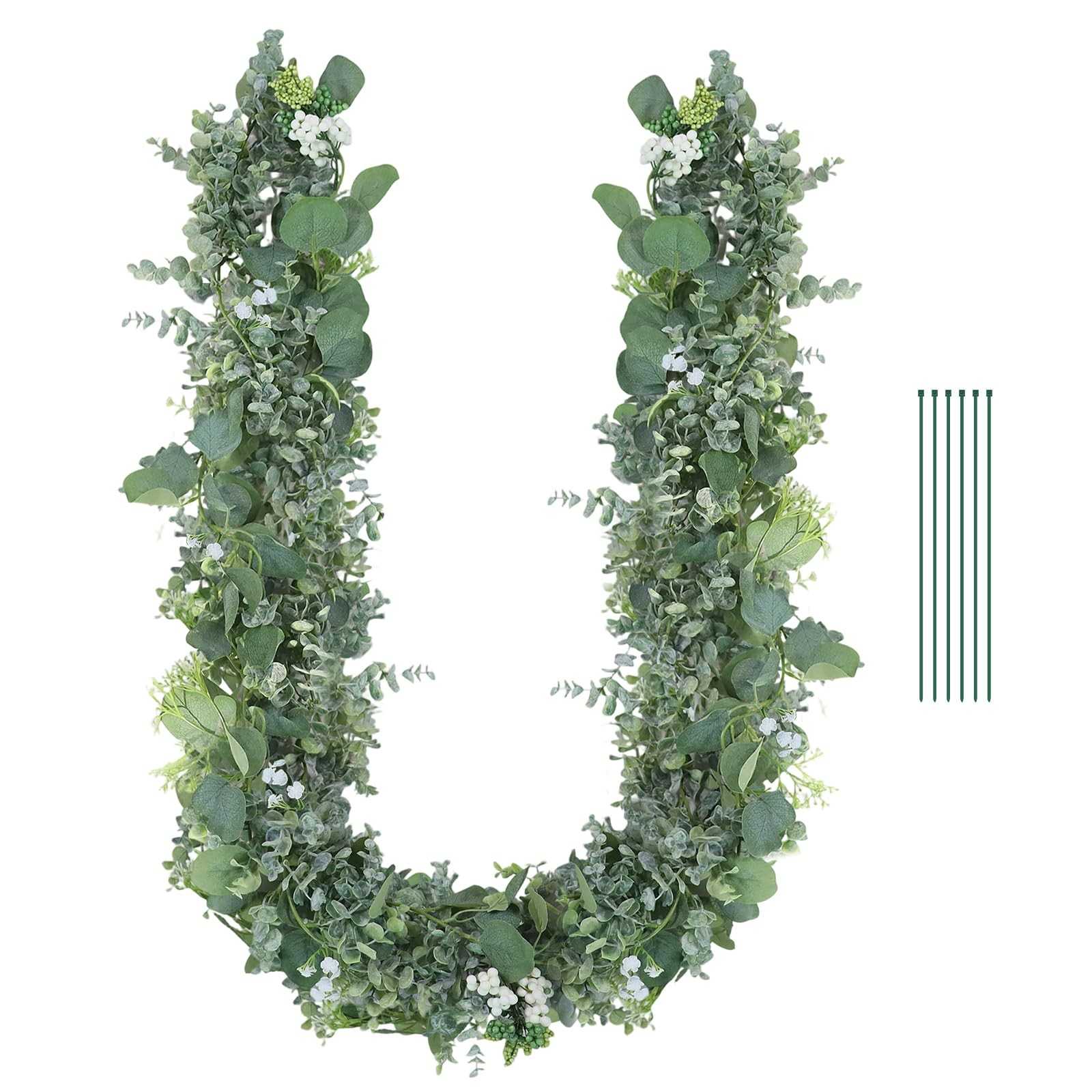 Eucalyptus Garland for Table, 6ft Faux Eucalyptus Garland with White Flowers …