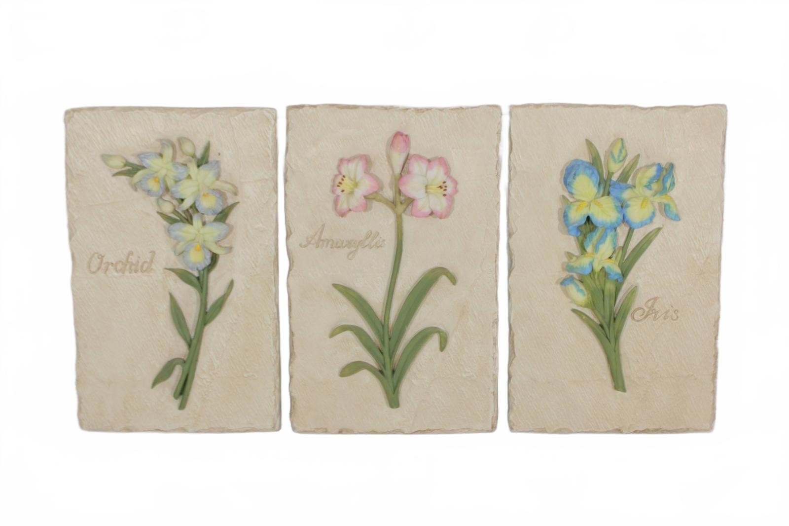 Set of 3 Vintage Floral Wall Plaques – Orchid, Amaryllis, Iris