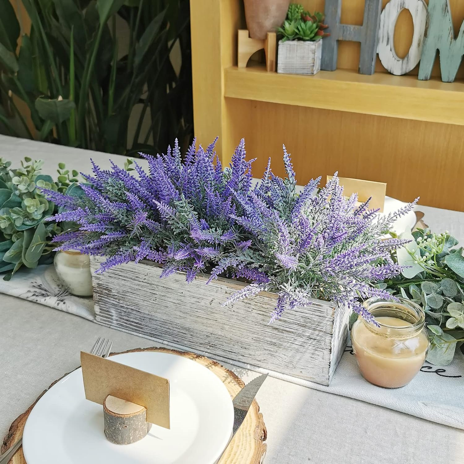 Fake Lavender Flower Arrangement in Rustic Rectangular Wood Planter Box Artifici