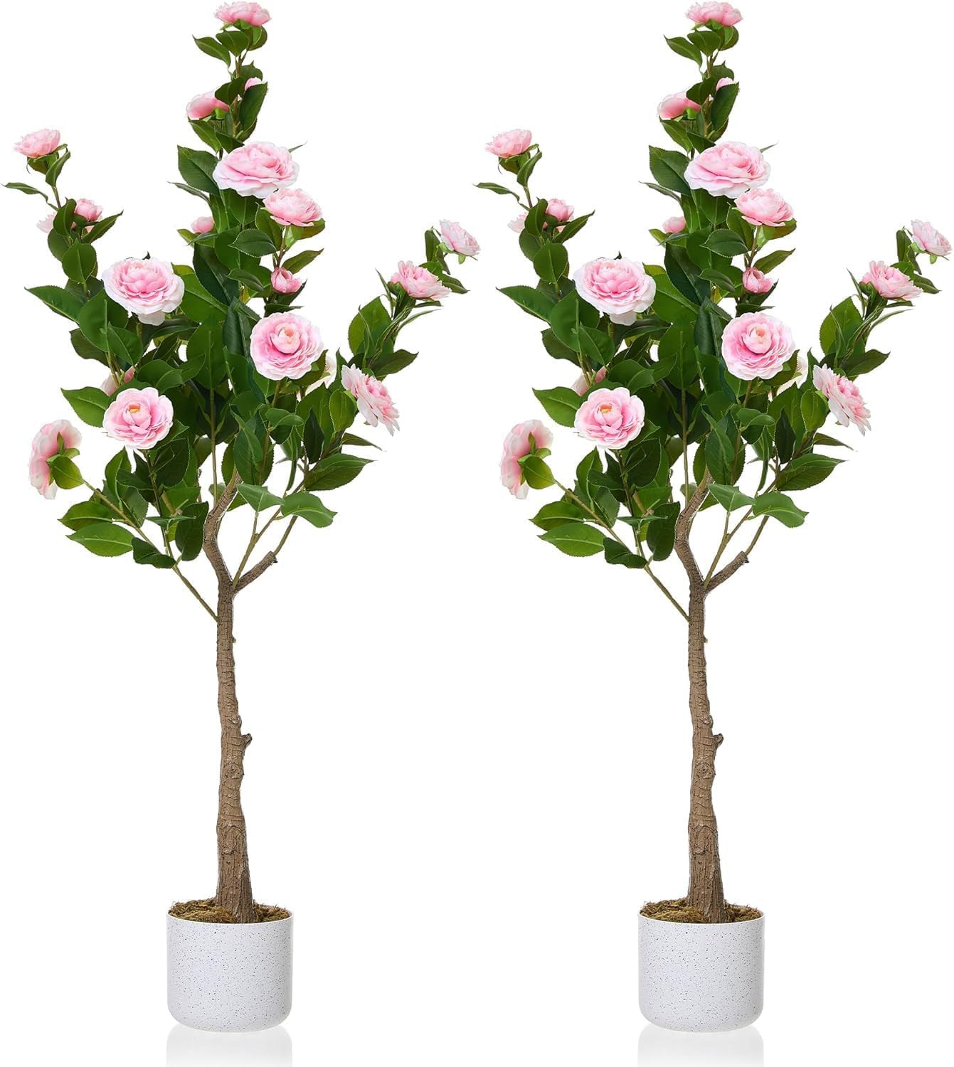 Faux Camellia Tree 2 Pack – 43″ Tall Pink Flowering Plants for Home Decor