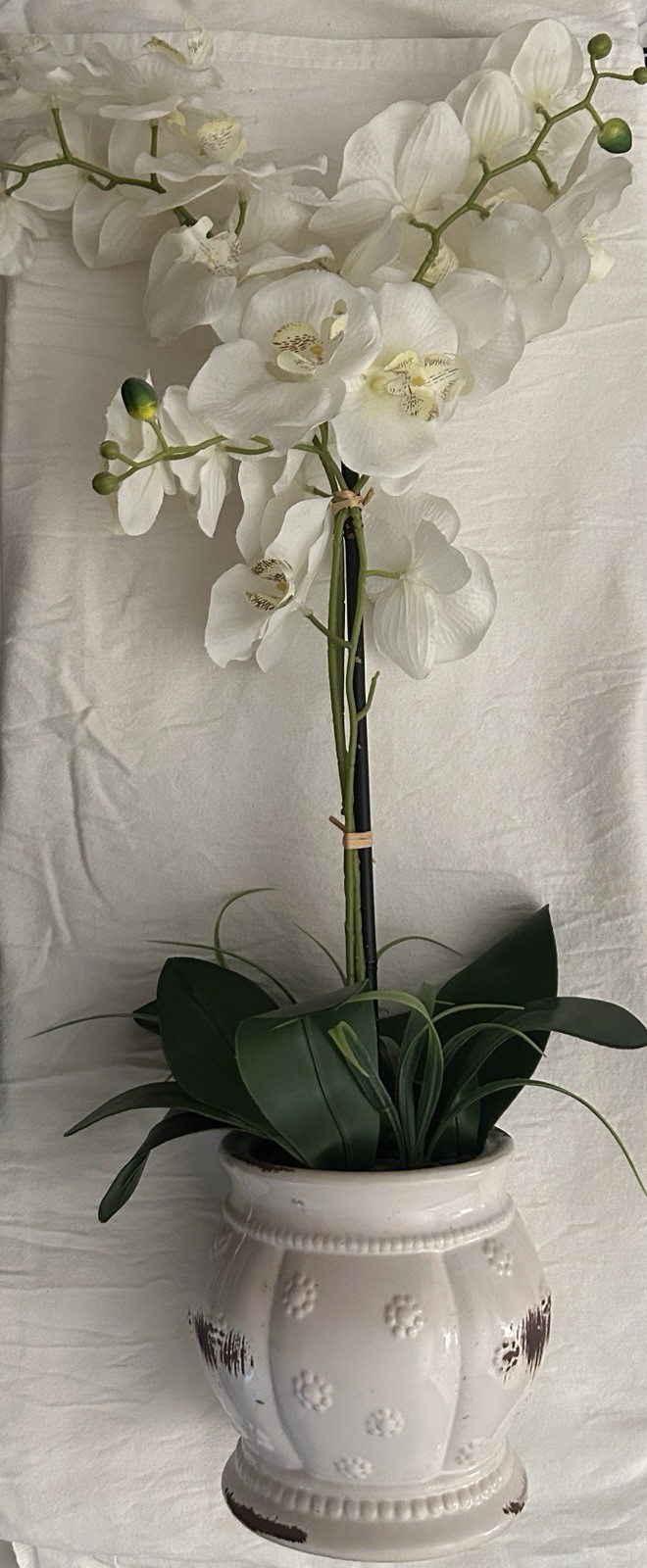 Artificial White Orchid Arrangement in Ceramic Pot with Green Foliage