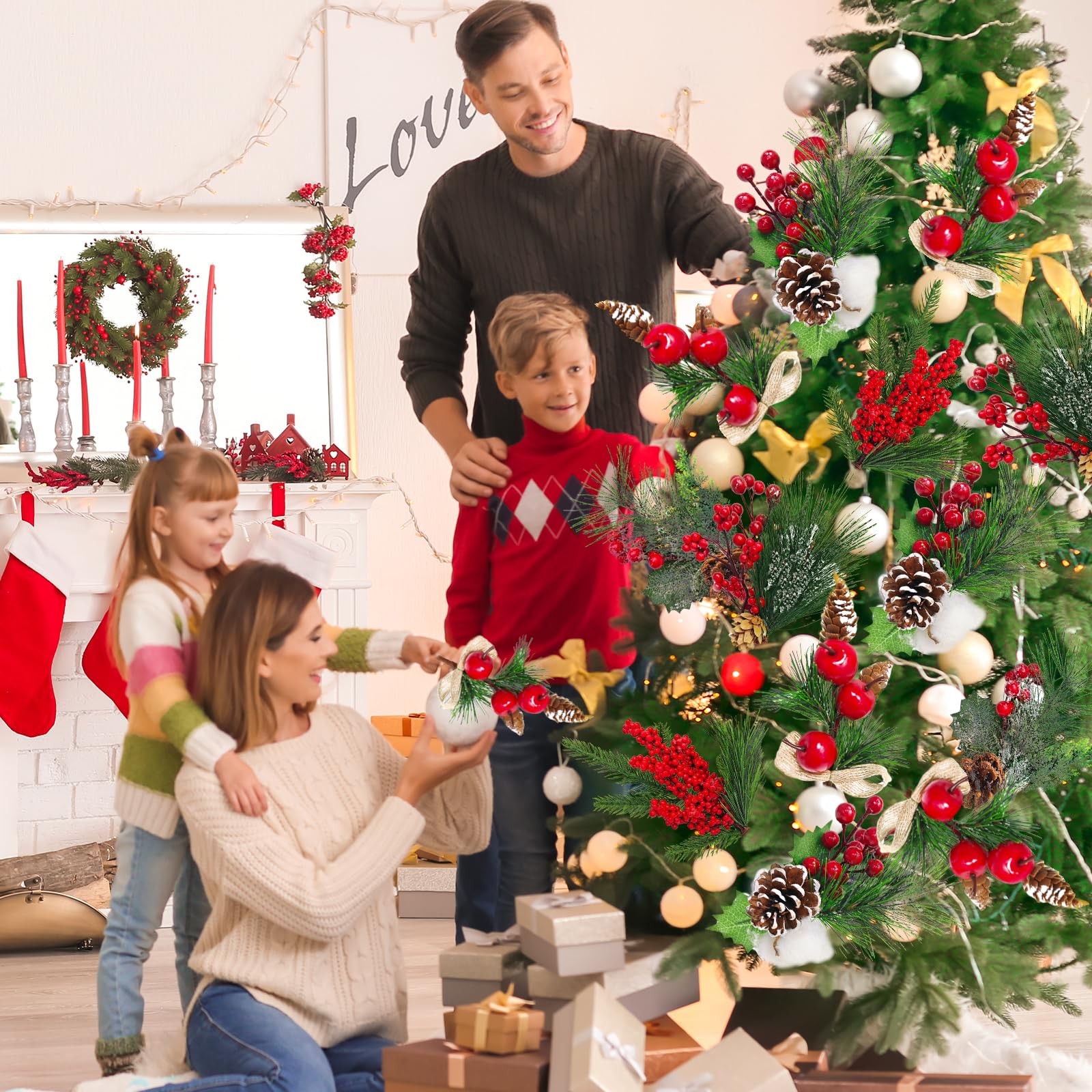Christmas Picks and Sprays Artificial Pine Needles Branches Berries Red Stems…