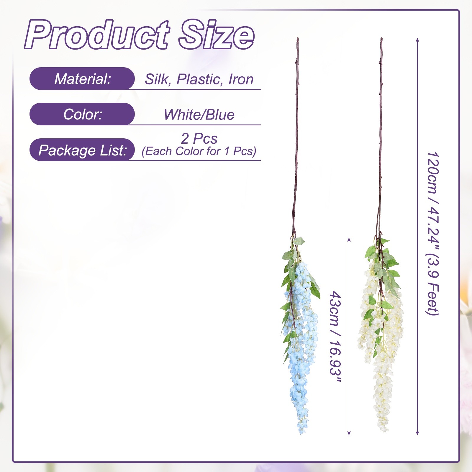 2 Pcs Artificial Wisteria Hanging Flowers 3.9 ft Fake Hanging Floral White/Blue