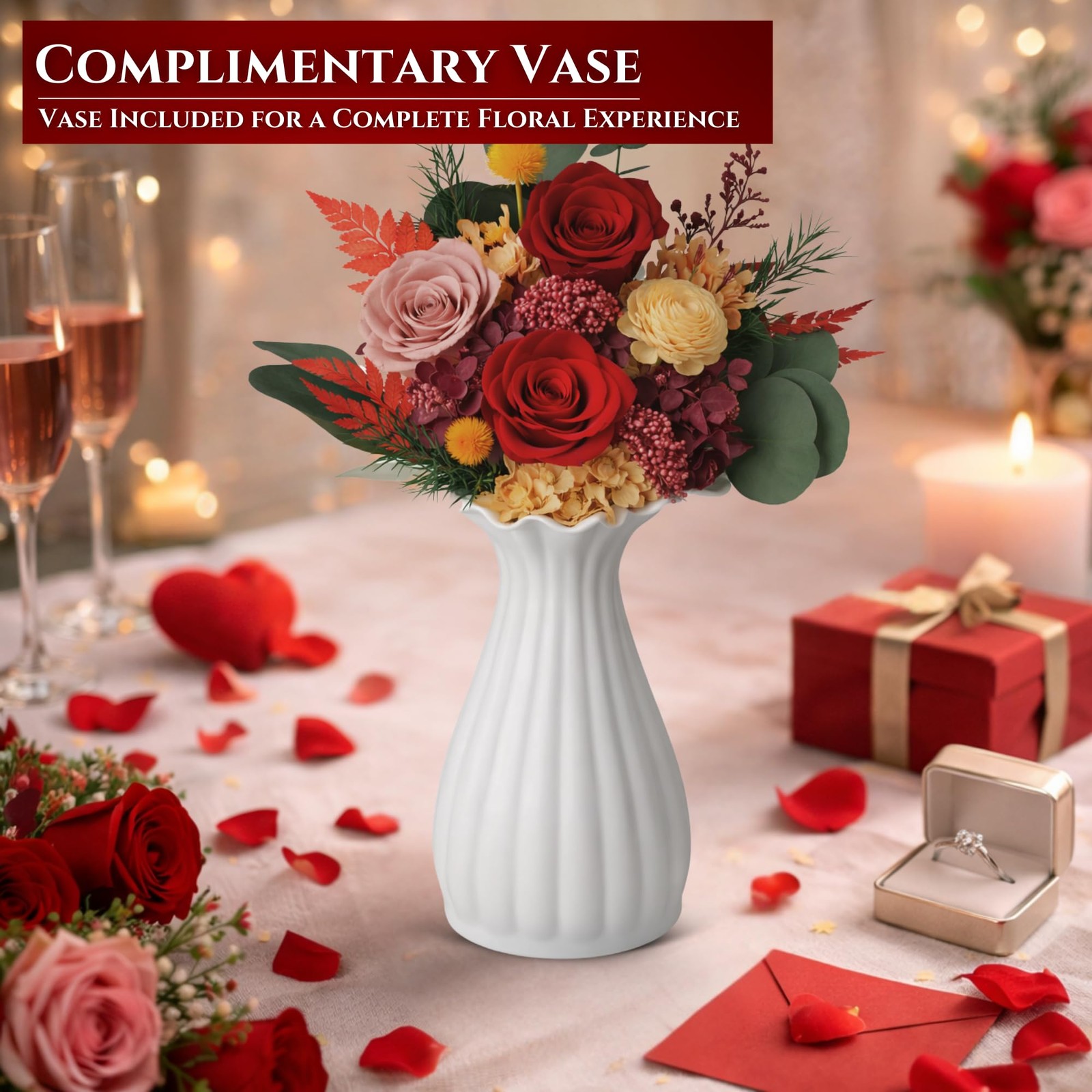 Red Preserved Roses Vase Forever Flowers Deep Red Bouquet Womens Gifts Decor