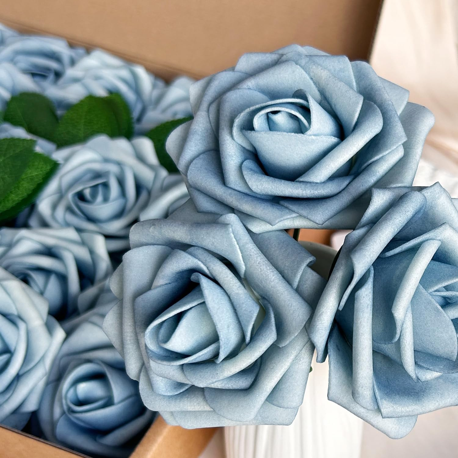 50PCS Light Blue Foam Artificial Roses with Stems & Leaves, Faux Wedding Bouquet