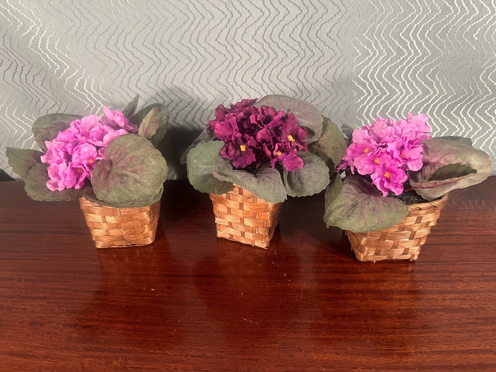 ARTIFICIAL SILK AFRICAN VIOLET – Pink & Purple with woven pot – (SET of 3) 6 in