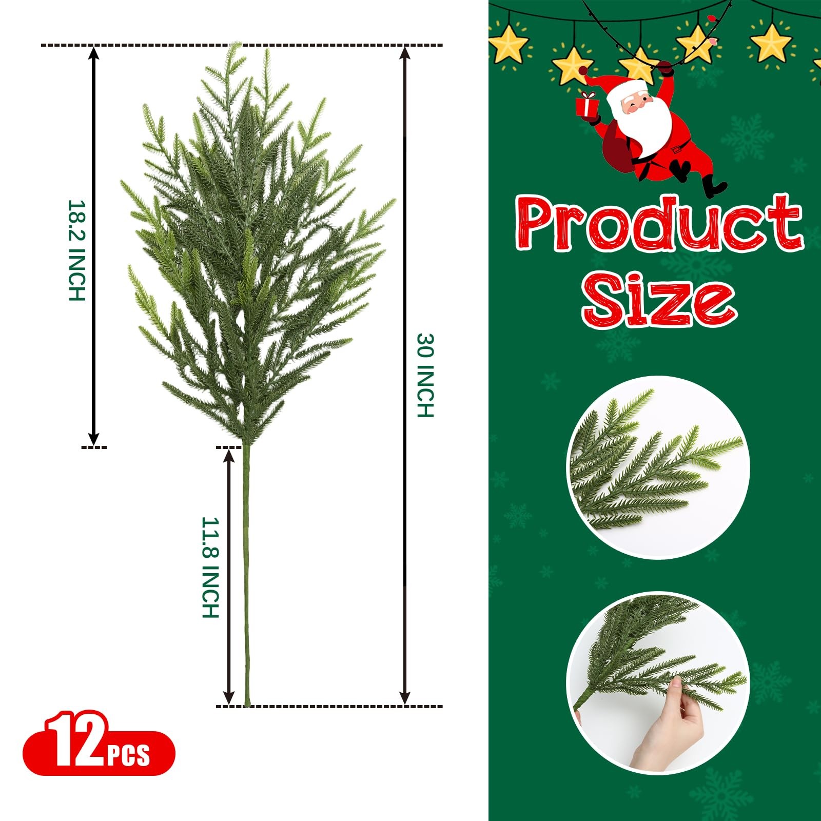 12Pcs Norfolk Pine Stems, 30″ Artificial Christmas Pine Branches Faux Gradien…