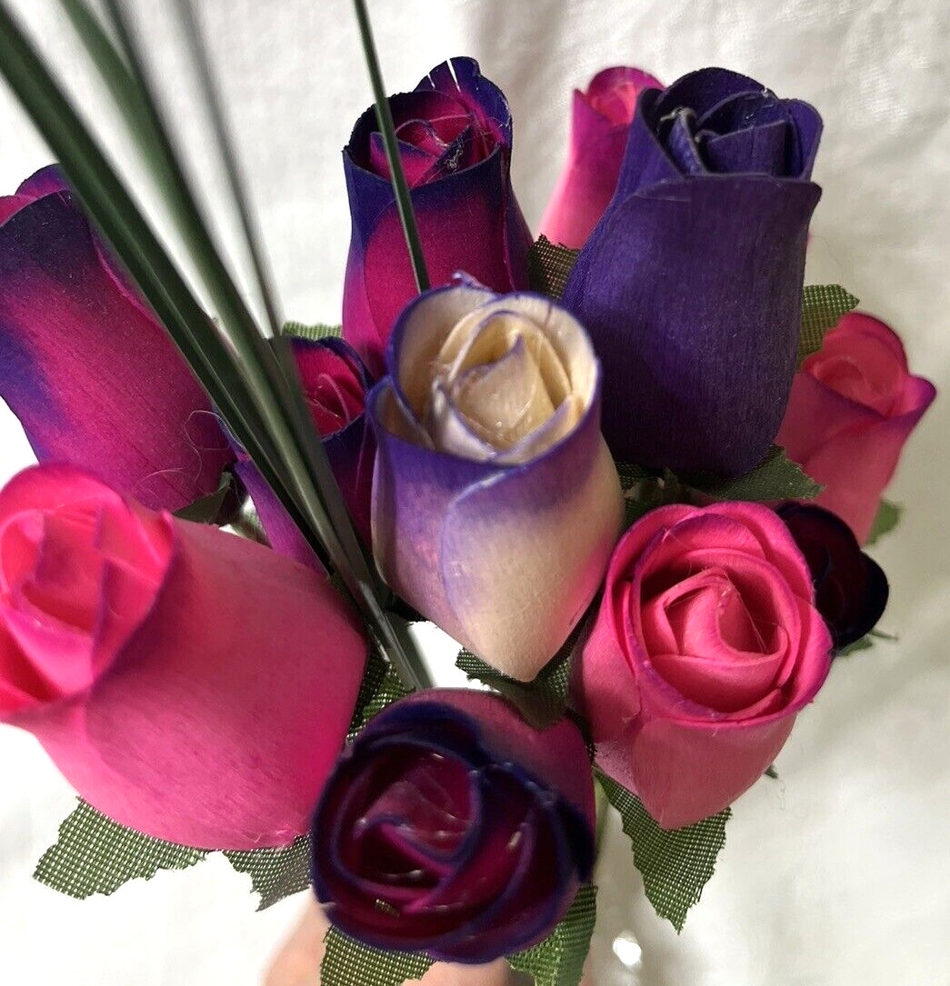 NEW Roses 1 Dozen Wood Forever Flowers Pink And Purple Hand Made